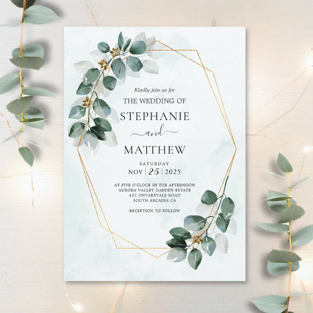 Eukalyptus Geometric Watercolor Foliage Wedding Einladung (Von Creator hochgeladen)