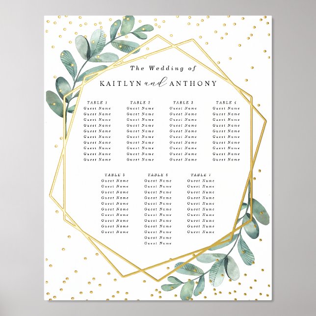 Eukalyptus Geometric Wedding Chart Real Foliendrucke (Vorderseite)