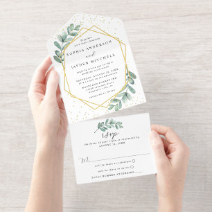Eukalyptus Geometric Wedding Real Foil gepresst All-in-One-Einladung