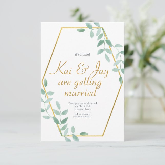 Eukalyptus Gereenery Wedding Invitation, elegant Einladung (Stehend Vorderseite)