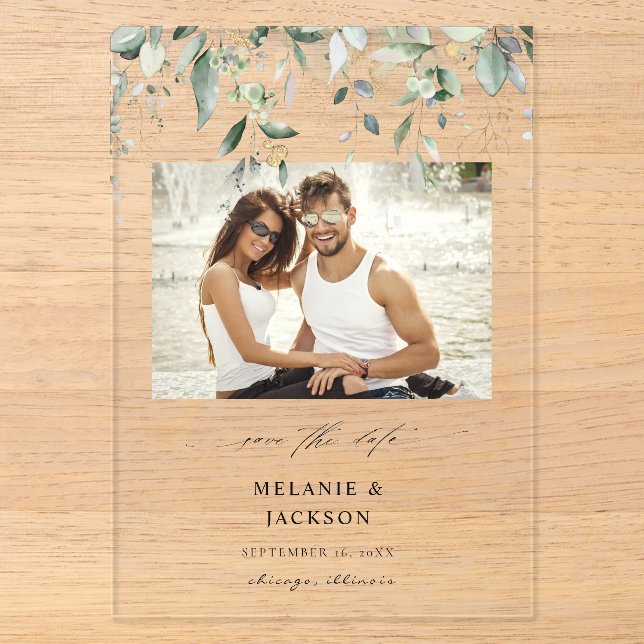 Eukalyptus Glow Foto Save the Date Acryleinladungen (Vorderseite)