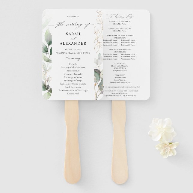 Eukalyptus Glow Gold Greenerity Wedding Program Fächer (Vorne und Hinten)