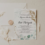 Eukalyptus Gold Calligraphy Bat Mitzvah Einladung<br><div class="desc">Diese rustikale Eukalyptus Gold Kalligraphie Fledermaus Mitzvah Einladung ist perfekt für eine einfache Fledermaus Mitzvah. Dieses künstlerische Design besticht durch handgezeichnet goldblütenfarbenes Eukalyptus-grünes Blattwerk,  das schön in einem eleganten geometrischen Rahmen angeordnet ist.</div>