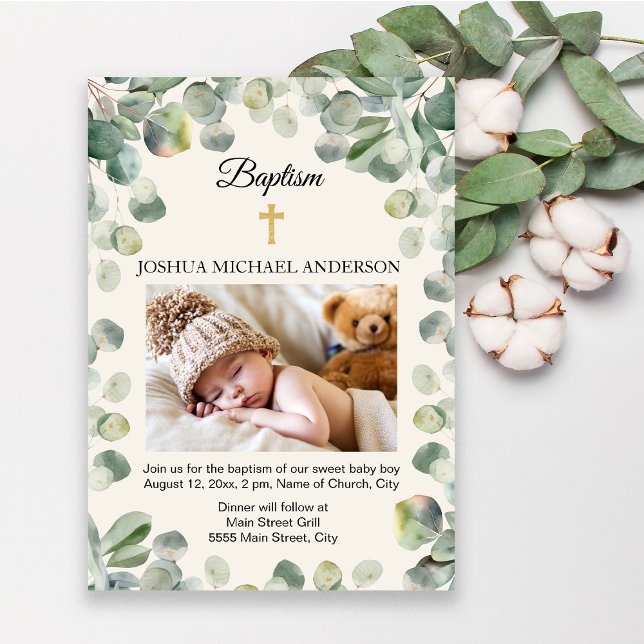 Eukalyptus Gold Cross Religious Baptism Foto Einladung (Elegant green eucalyptus leaves religious baby christening/baptism invitation. Add your photo)