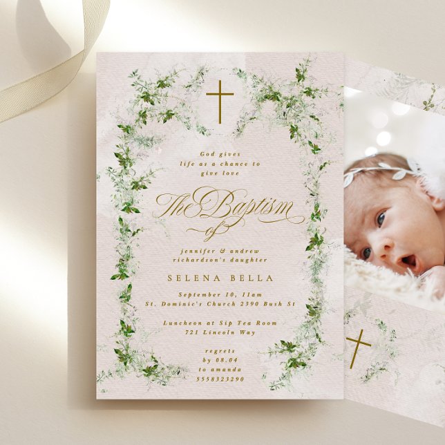 Eukalyptus Gold Cross Wreath Girl Baptisc Foto Einladung (Von Creator hochgeladen)
