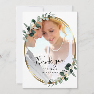 Eukalyptus Gold Elegante Schrift Foto Hochzeit Dankeskarte