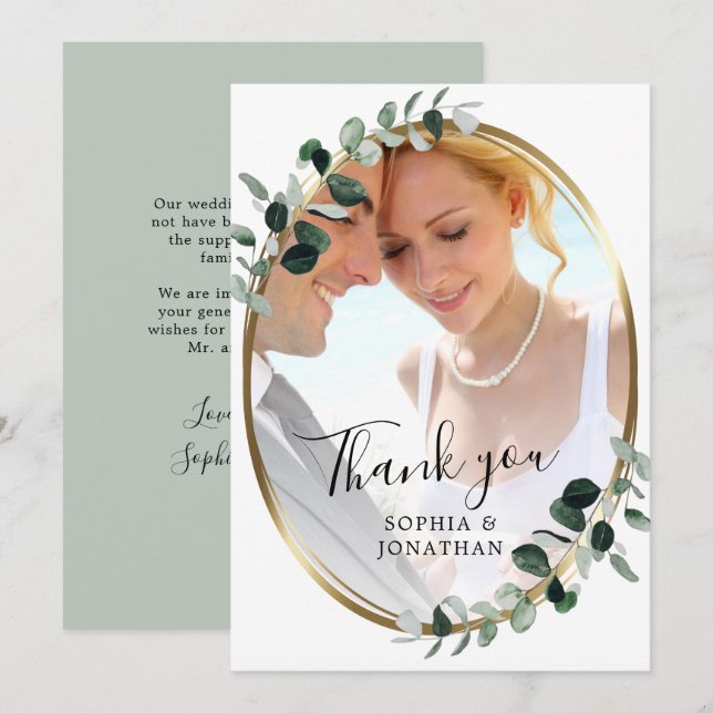 Eukalyptus Gold Elegante Script Foto Hochzeit Viel Dankeskarte (Vorne/Hinten)