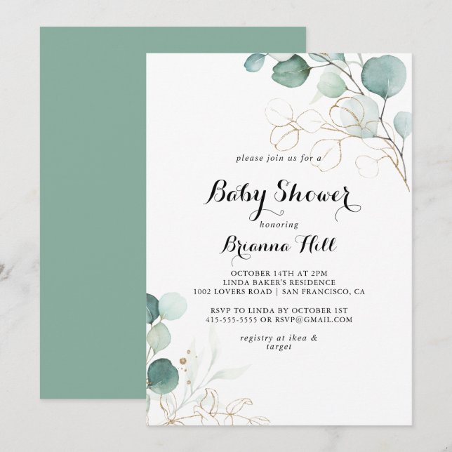 Eukalyptus Gold Floral Baby Dusche Einladung (Vorne/Hinten)