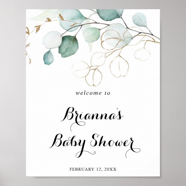 Eukalyptus Gold Floral Baby Dusche Willkommen Poster (Vorne)