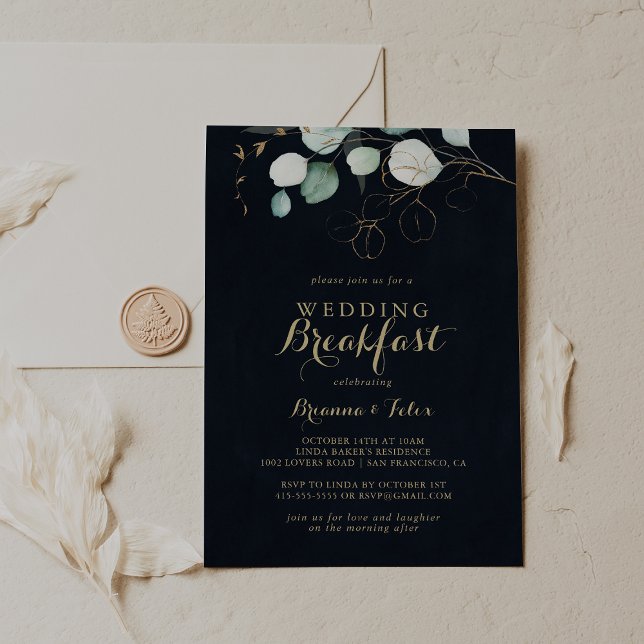 Eukalyptus Gold Floral Blue Wedding Breakfast Einladung (Von Creator hochgeladen)