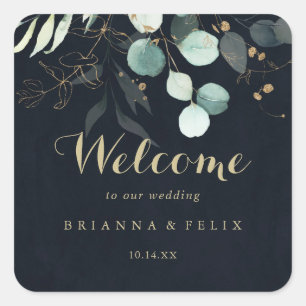 Eukalyptus Gold Floral Blue Wedding Willkommen Quadratischer Aufkleber