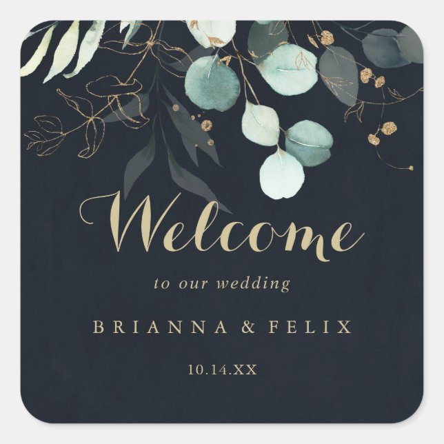 Eukalyptus Gold Floral Blue Wedding Willkommen Quadratischer Aufkleber (Vorderseite)