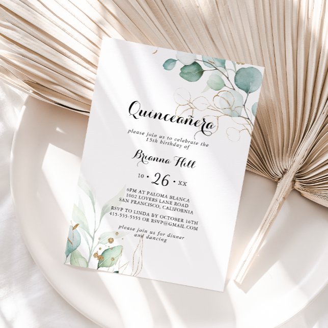 Eukalyptus Gold Floral Quinceñera Einladung (Von Creator hochgeladen)