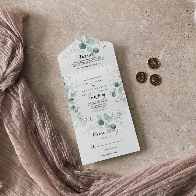 Eukalyptus Gold Floral Wedding All In One Einladung (Von Creator hochgeladen)