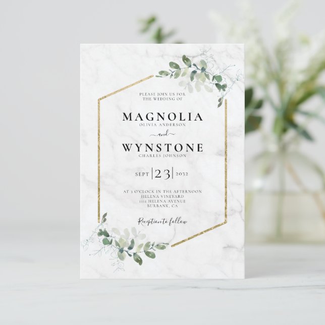 Eukalyptus Gold Foil Rahmen Marmorhochzeit Einladung (Stehend Vorderseite)