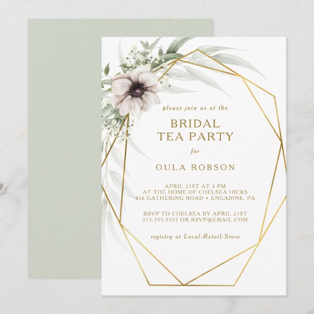 Eukalyptus Gold Geometric Bridal Tee Party Einladung (Vorne/Hinten)