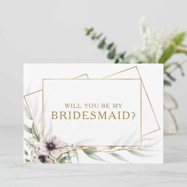 Eukalyptus Gold Geometric Bridesmaid-Vorschlagskar Einladung (Stehend Vorderseite)