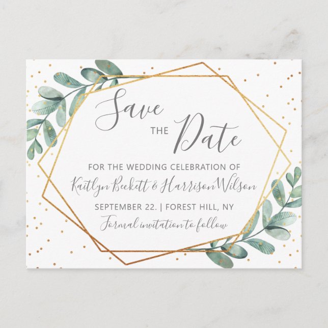 Eukalyptus Gold Geometric Save the Date Ankündigungspostkarte (Vorderseite)