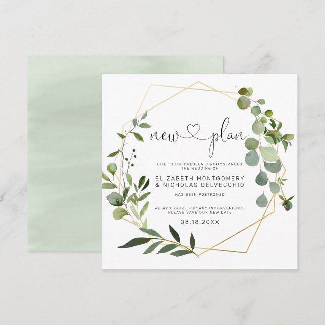 Eukalyptus Gold Geometric | Verspätete Hochzeit Einladung (Vorne/Hinten)