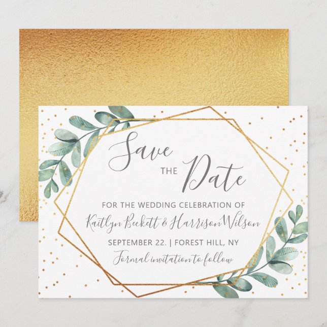 Eukalyptus Gold Geometric Wedding Save The Date (Vorne/Hinten)