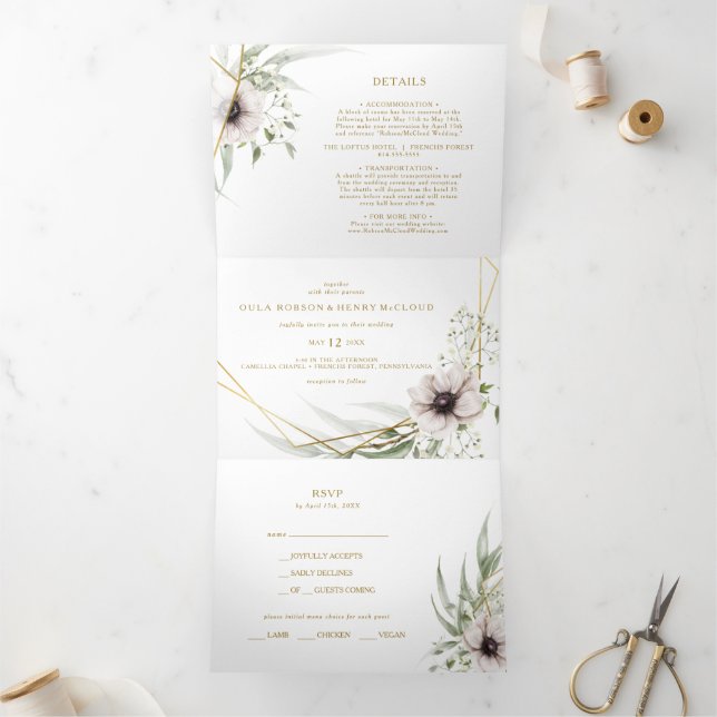 Eukalyptus Gold Geometric Wedric Dreifach Gefaltete Einladung (Innenseite)