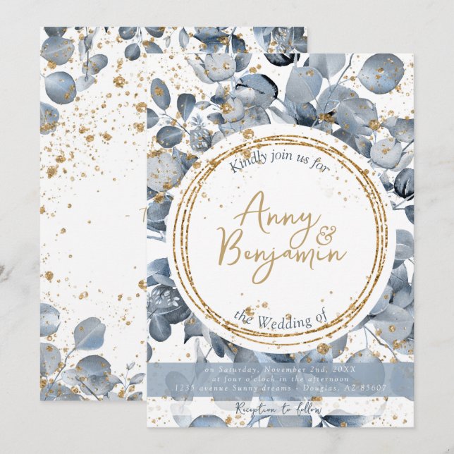Eukalyptus Gold Glitzer - Dusty Blue Einladung 1 (Vorne/Hinten)