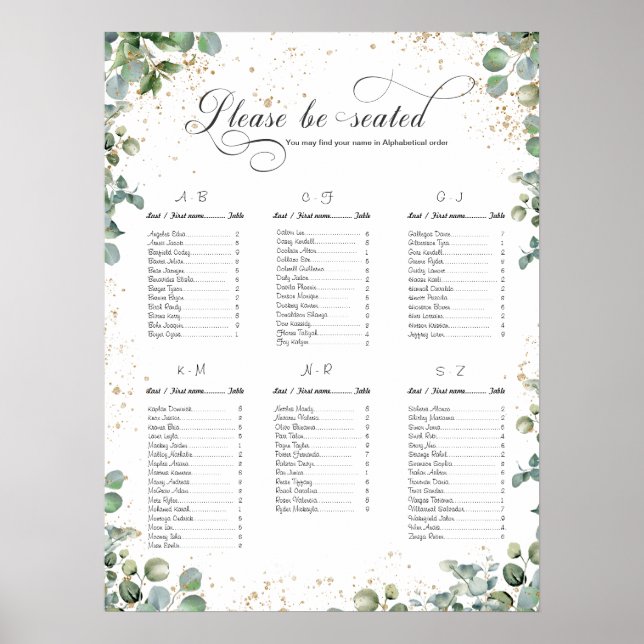 Eukalyptus Gold Glitzer - Green Wedding Charts Poster (Vorne)