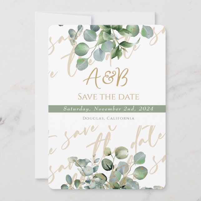 Eukalyptus Gold Glitzer grün - Save the Date 2 Einladung (Vorderseite)