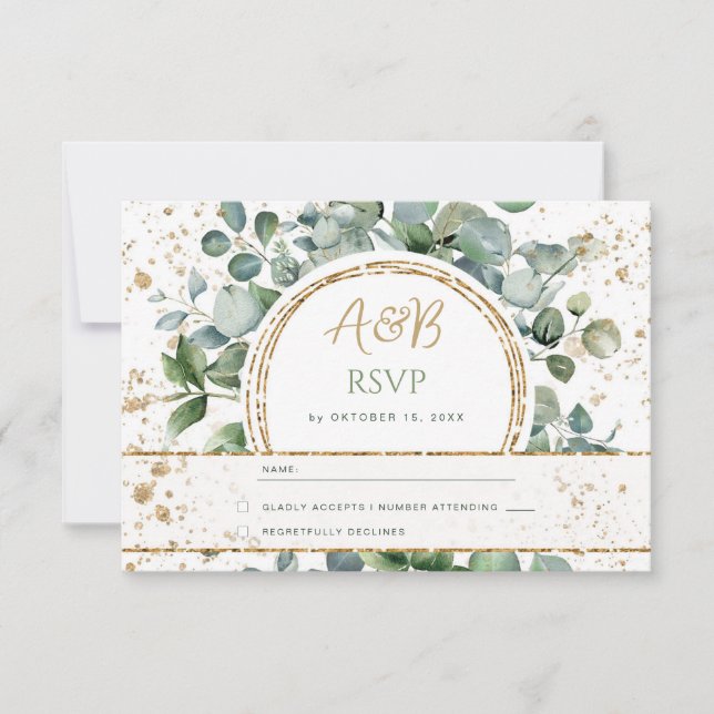 Eukalyptus Gold Glitzer - Grüne Hochzeit RSVP 2 Karte (Vorderseite)