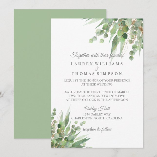 Eukalyptus Gold Glitzer Hochzeitseinladung Einladung (Vorne/Hinten)