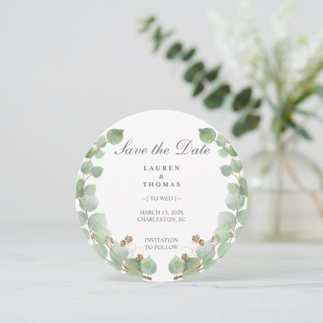 Eukalyptus-Gold-Glitzer Save The Date (Stehend Vorderseite)