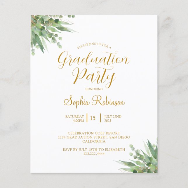 Eukalyptus Gold Graduation Party Einladung (Vorderseite)
