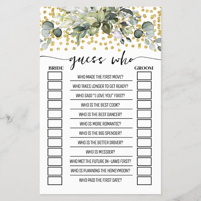 Eukalyptus Gold Guess Who Brautparty Game Card Flyer (Vorne)