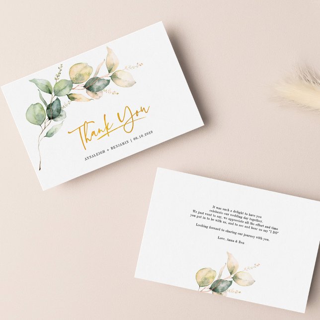 Eukalyptus Gold handgeschriebene Hochzeit Danke Mi Mitteilungskarte (Eucalyptus Watercolor Green and Gold Wedding Thank You Note Card)
