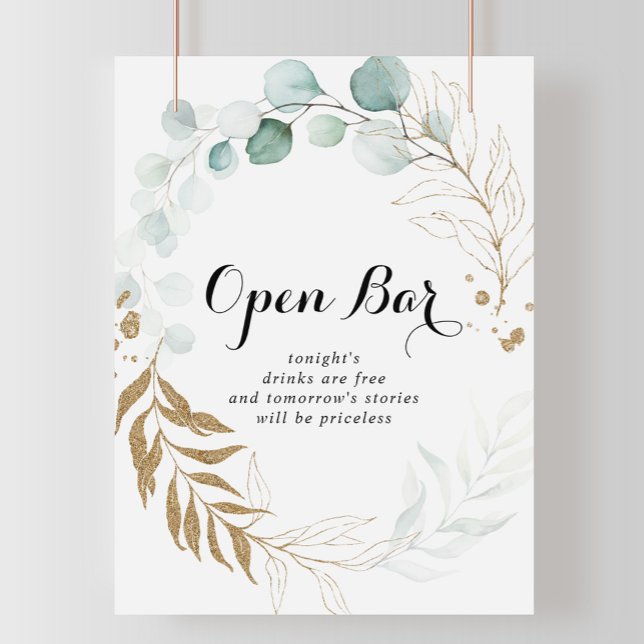 Eukalyptus Gold Hochzeit Open Bar Sign Poster (Von Creator hochgeladen)