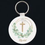 Eukalyptus-Gold-Kreuz Schlüsselanhänger<br><div class="desc">Ein goldenes Imitat-Glitzer-Kreuz und Eukalyptusblatt-Kranz markieren diesen Schlüsselanhänger mit Ihrer Personalisierung in schicken Schriften. Ideal für die erste Gemeinschaft,  Taufe oder Taufe Ihres Kindes oder für den eigenen Gebrauch. PASSENDE Artikel in unserem Shop erhältlich.</div>