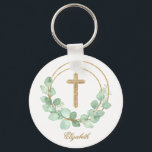 Eukalyptus-Gold-Kreuz Schlüsselanhänger<br><div class="desc">Ein goldenes Imitat-Glitzer-Kreuz und Eukalyptusblatt-Kranz markieren diesen Schlüsselanhänger mit Ihrer Personalisierung in schicken Schriften. Ideal für die erste Gemeinschaft,  Taufe oder Taufe Ihres Kindes oder für den eigenen Gebrauch. PASSENDE Artikel in unserem Shop erhältlich.</div>
