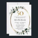 Eukalyptus Gold Metallic Party zum 50. Geburtstag Einladung<br><div class="desc">50. Geburtstag Eukalyptus Gold Metallische Party Einladung... Unsere luxuriöse botanische 50. Geburtstagsfeier lädt mit einem ovalen (Imitate) vergoldeten Rahmen aus Metall ein, der mit staubigen grünen und smaragdfarbenen Eukalyptus-Blätter geschmückt ist und eine elegante Grenze für den einladenden Text im Inneren bildet. Über dem Einladungstext steht eine goldene 50 Grafik, die...</div>