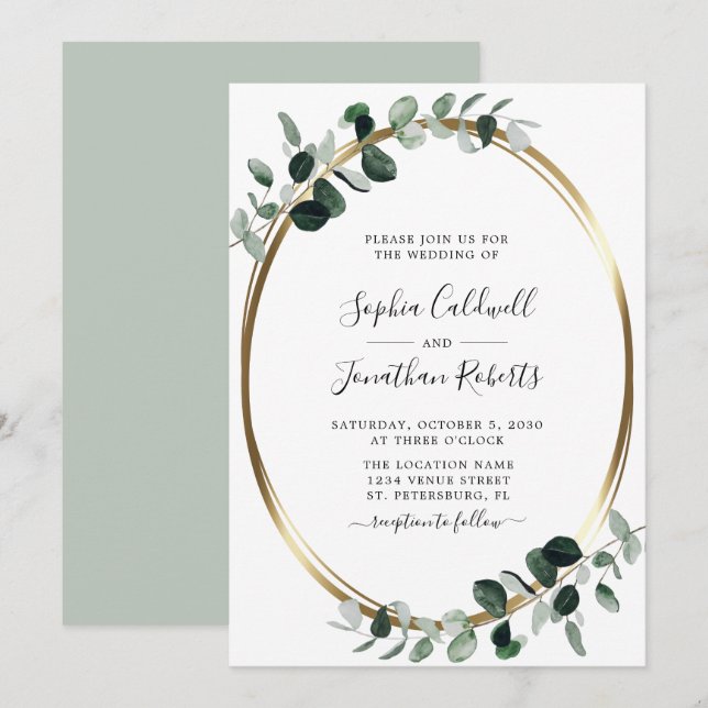 Eukalyptus Gold Metallic Sage Elegante Hochzeit Einladung (Vorne/Hinten)