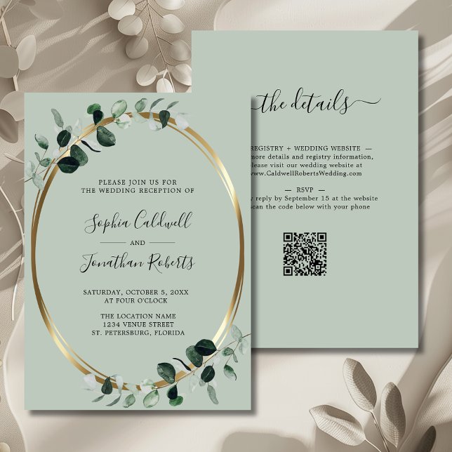 Eukalyptus Gold Metallic Sage Wedding Empfang Einladung (Eucalyptus Gold Sage QR Code Wedding Reception Invitation)