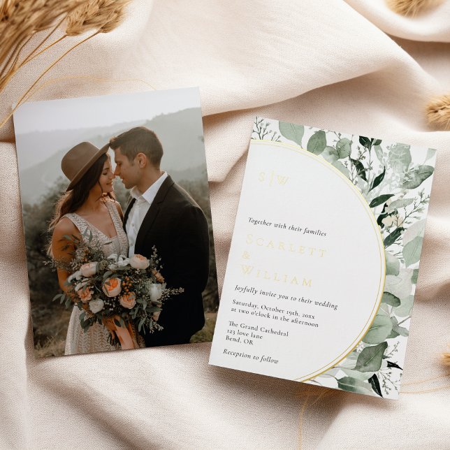 Eukalyptus Gold Monogram Foto Wedding Folieneinladung (Von Creator hochgeladen)