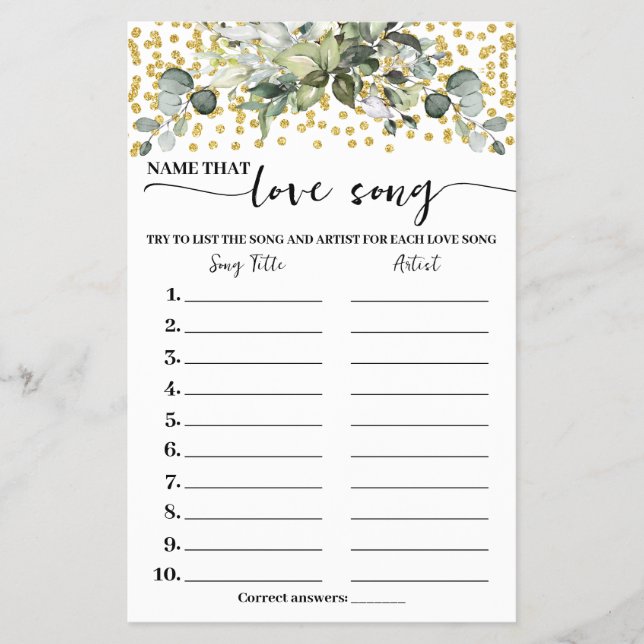 Eukalyptus Gold Name Liebe Song Duschspielkarte Flyer (Vorne)
