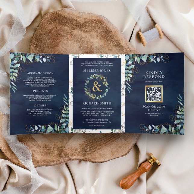 Eukalyptus Gold Navy Blue QR Code Hochzeit Dreifach Gefaltete Einladung (Von Creator hochgeladen)