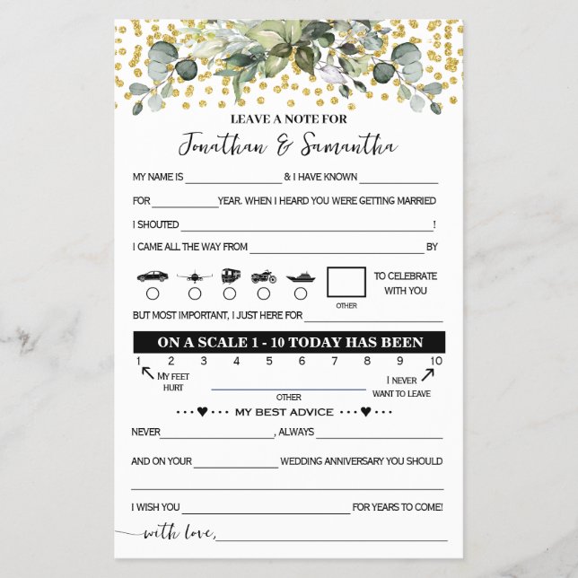 Eukalyptus Gold Note for Couple Wedding Game Card Flyer (Vorne)