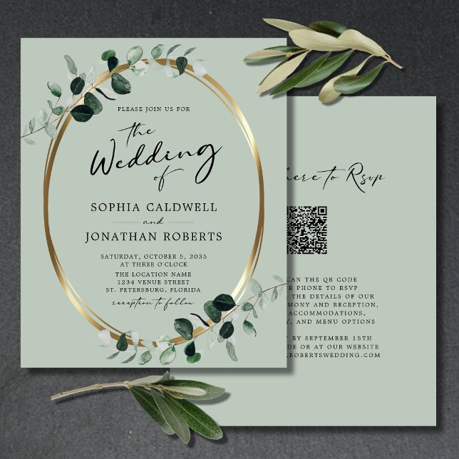Eukalyptus Gold QR Code Sage Wedite (Budget Wedding Invitation QR Code RSVP Eucalyptus Gold Modern Calligraphy)