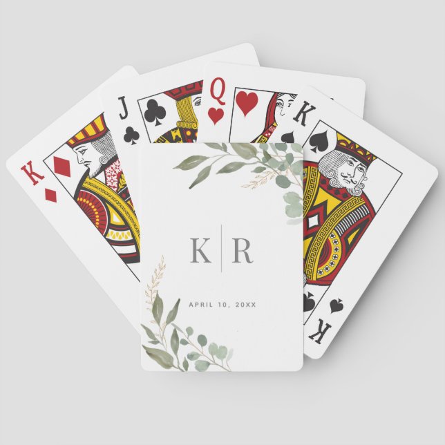 Eukalyptus Gold Sage Green Monogram Wedding Spielkarten (Rückseite)