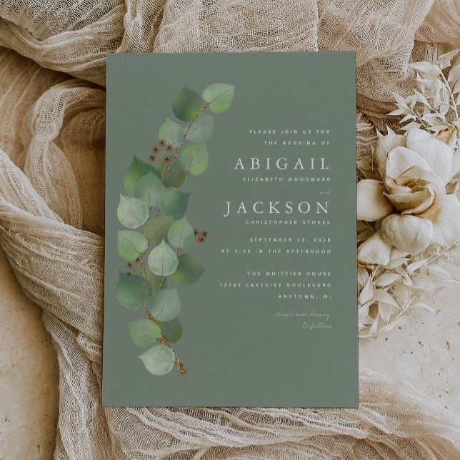 Eukalyptus Gold Sage Green Wedding Einladung (The perfect choice for a eucalyptus themed wedding with a sage green color palette.)