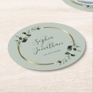 Eukalyptus Gold Salbei Personalisierte Hochzeit Runder Pappuntersetzer