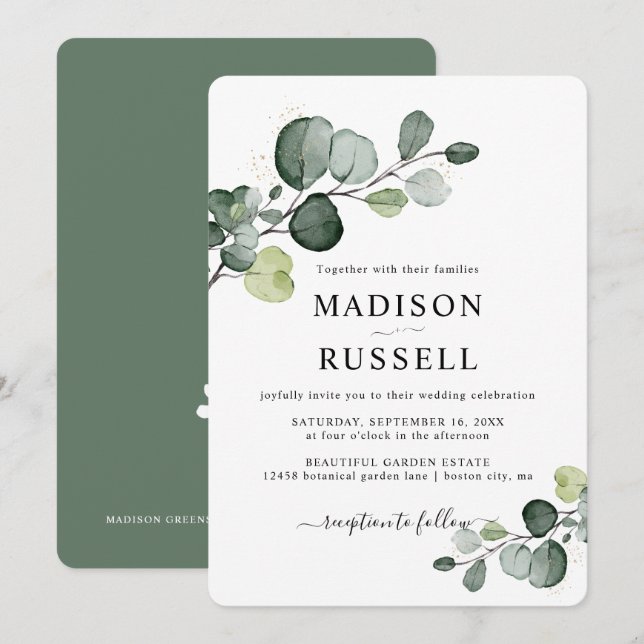 Eukalyptus Gold Spritzer Greenerity Wedding Einladung (Vorne/Hinten)