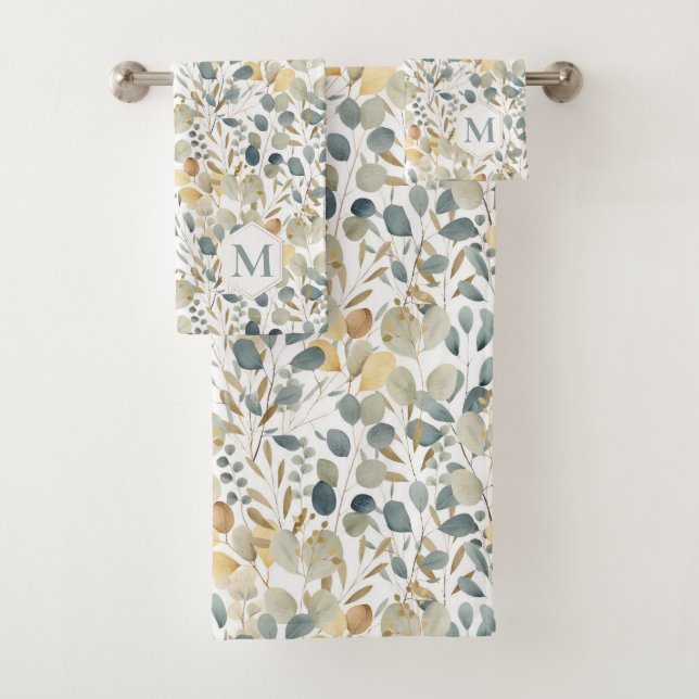 Eukalyptus Gold Wasserfarben-Muster Monogramm Badhandtuch Set (Insitu)